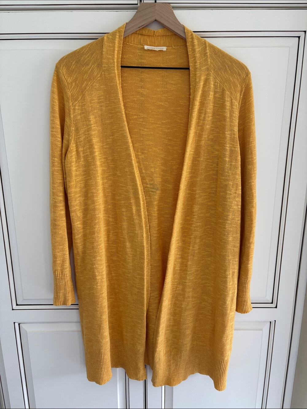 Eileen Fisher Long Linen Open Cardigan Sweater Orange Yellow Women’s Small